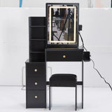 Vanity Desk With Cushioned Stool Lighted Mirror Black - Furniture Home Direct