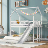 Hearth & Haven - Twin Over Full House Bunk Bed With Slide, Built In Ladder And Full Length Guardrail - White - Furniture Home Direct