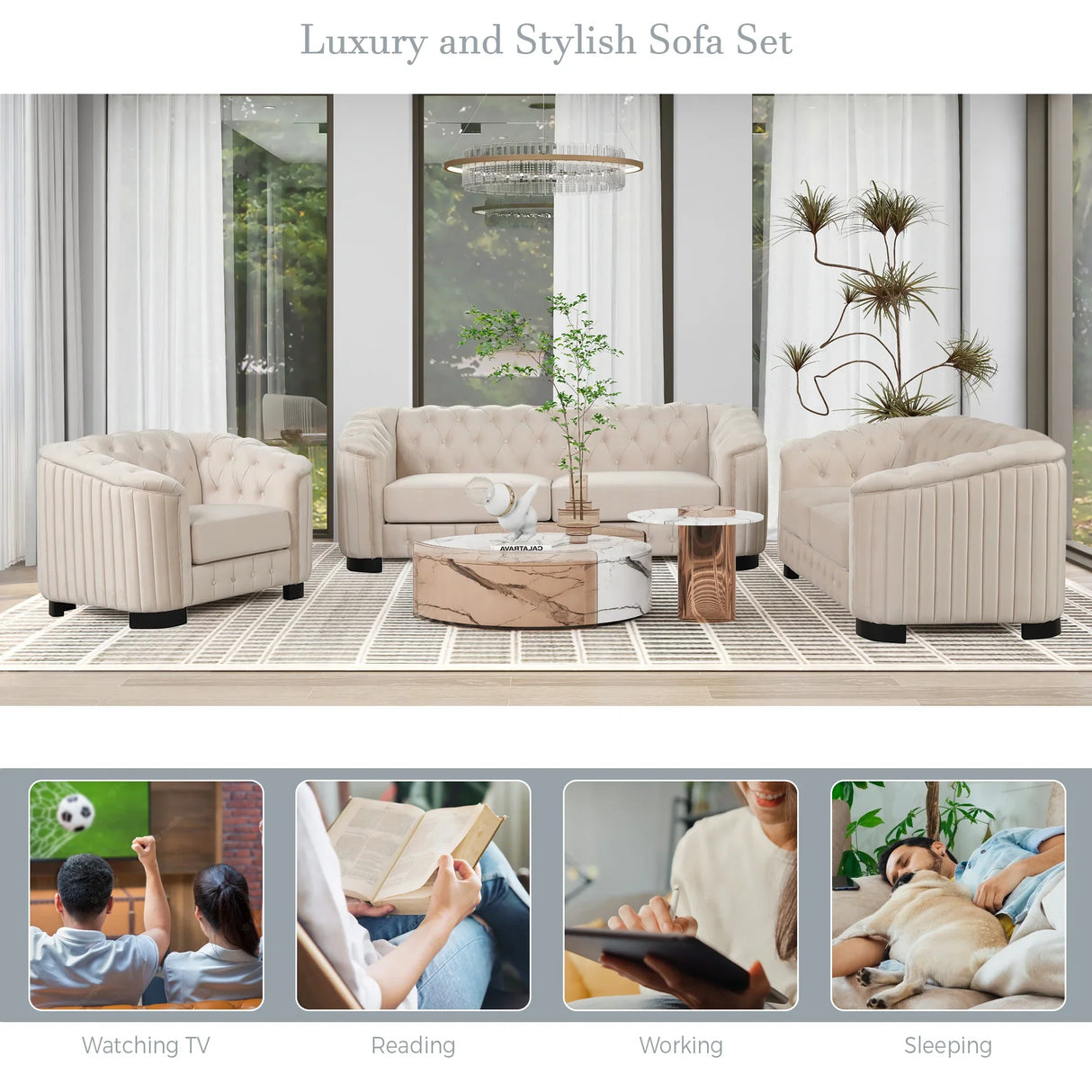 Modern 3-Piece Velvet Upholstered Living Room Set Including Sofa, Love Seat and Chair, Beige - Furniture Home Direct