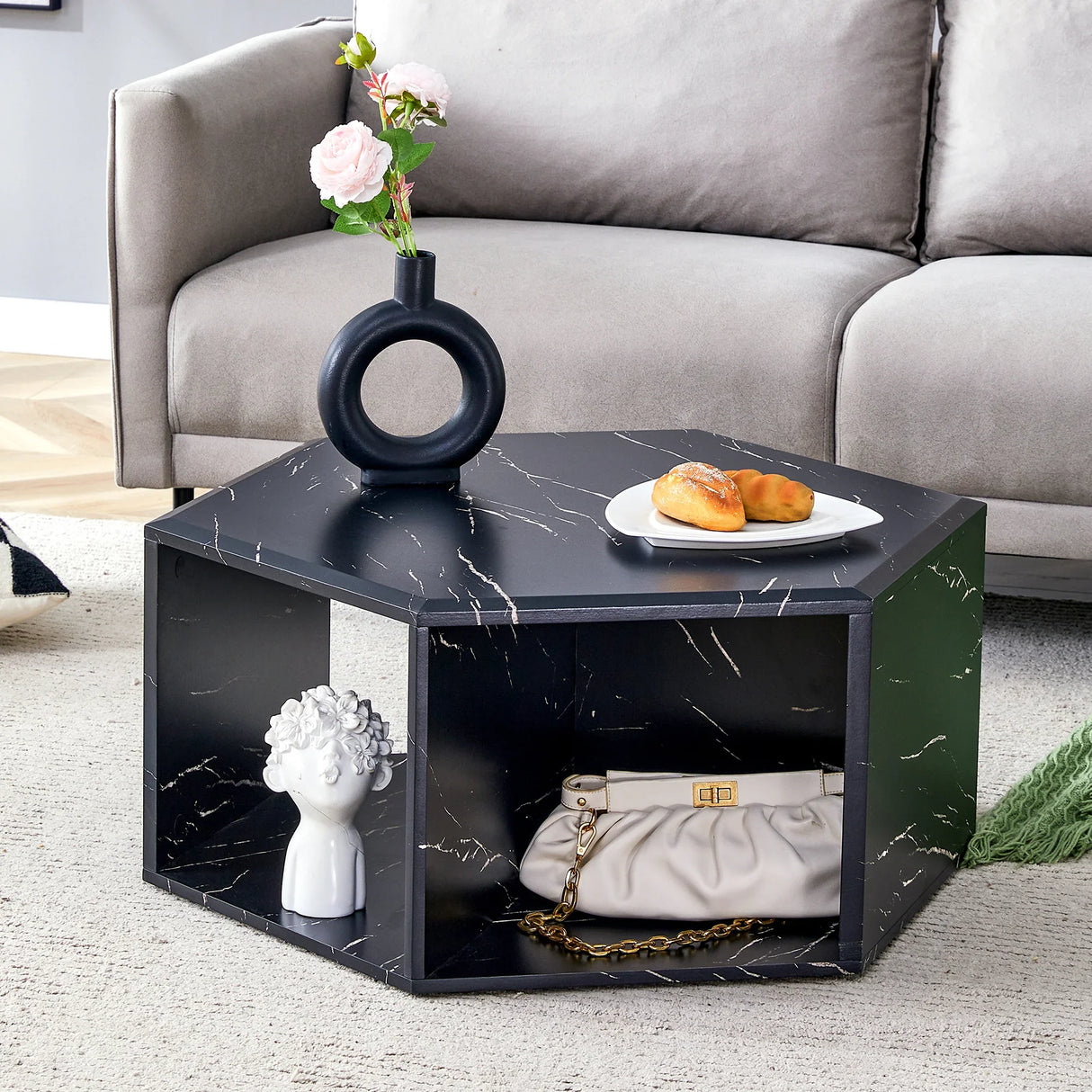 Coffee Table Hexagonal Textured Marble Look Accent Black - Furniture Home Direct