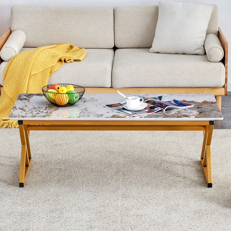 Coffee Table Marble Pattern Rectangular Gold Frame White - Furniture Home Direct