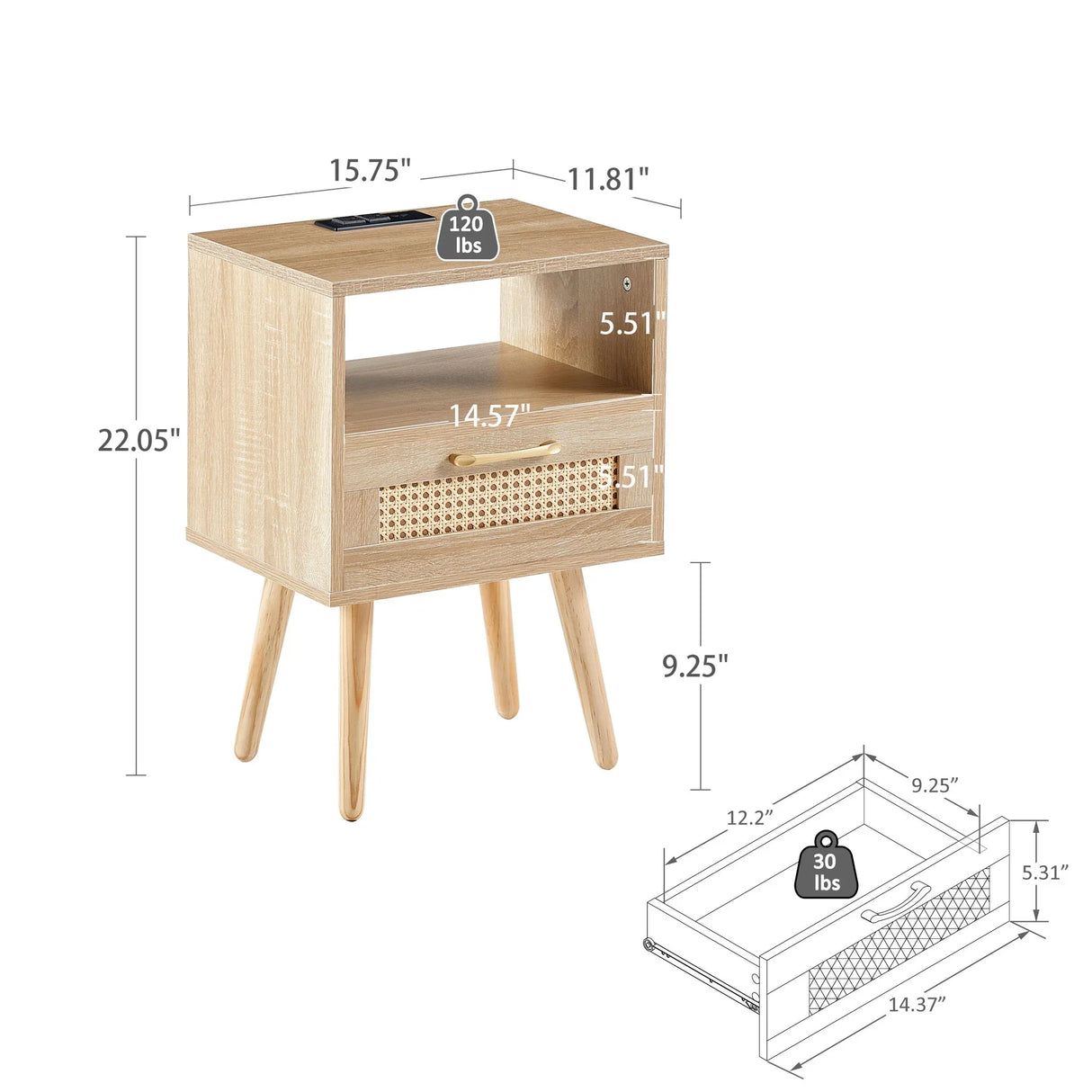 15.75" Rattan End Table With Power Outlet & USB Ports, Modern Nightstand With Drawer And Solid Wood Legs, Side Table For Living Room, Bedroom - Furniture Home Direct