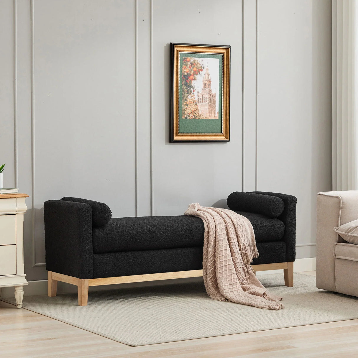 Elegant Upholstered Bench Daybed Ottoman With Bolster Pillows - Furniture Home Direct