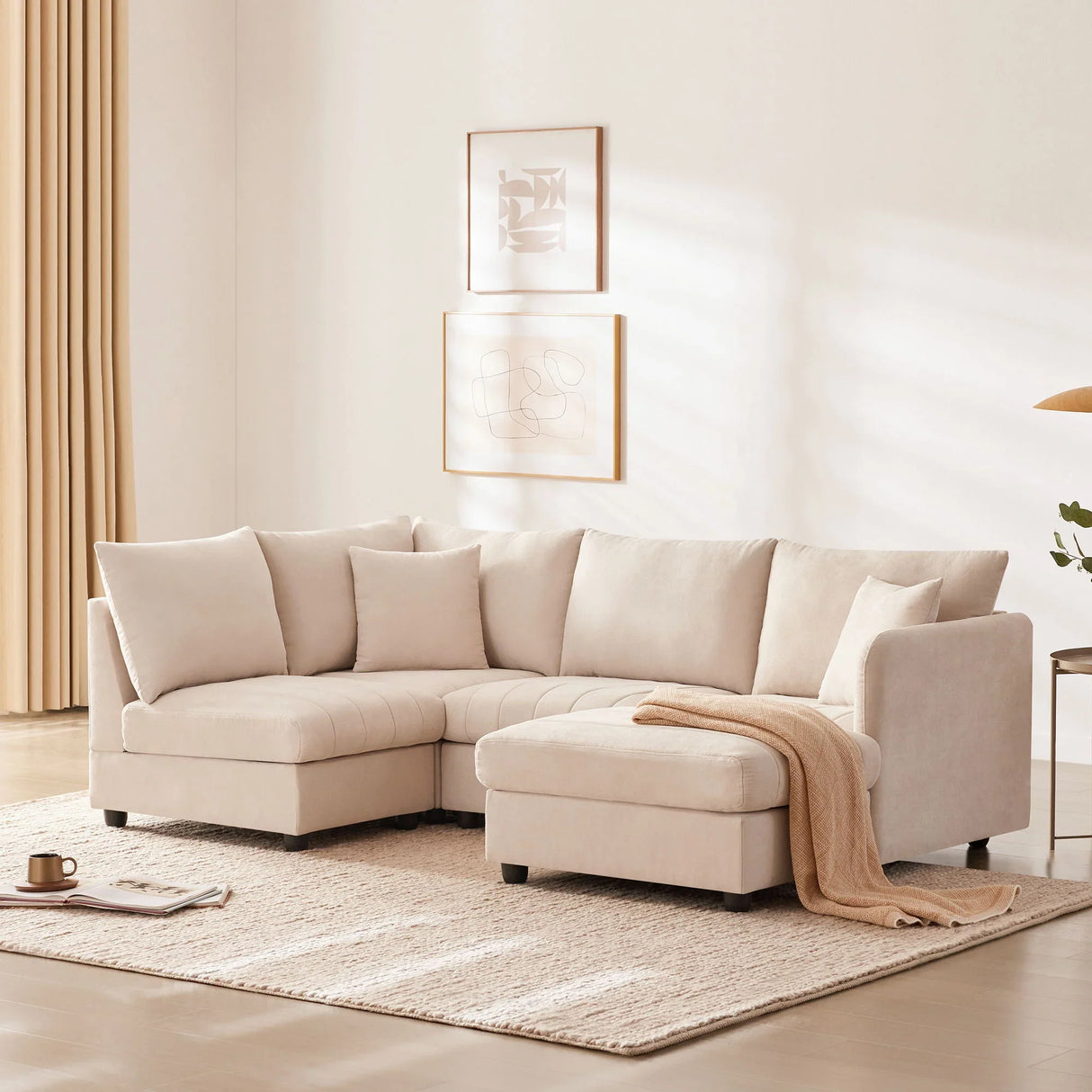 Modern Sectional Sofa With Vertical Stripes, 2 Pillows, 5 Seat Couch With Convertible Ottoman, Various Combinations, L-Shape Indoor Furniture For Living Room - Furniture Home Direct