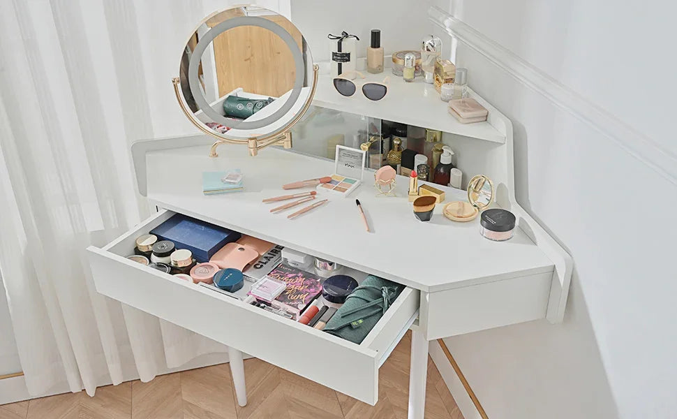 Vanity Desk With Large Storage Modern Design Stool White - Furniture Home Direct