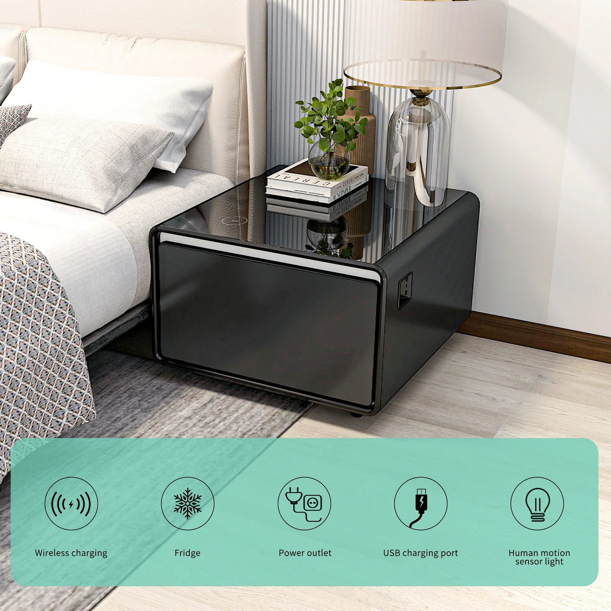 Modern Smart Side Table With Built-In Fridge, Wireless Charging, Temperature Control, Power Socket, USB Ports, Outlet Protection, Induction Light - Furniture Home Direct