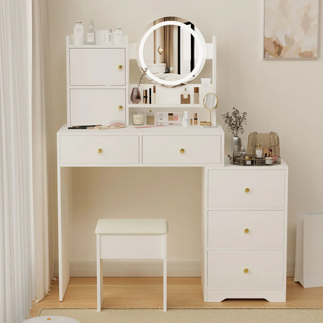Fashion Vanity Desk With Mirror And Lights For Makeup And Cushioned Chair, Adjustable 3 Color Lighting - White - Furniture Home Direct