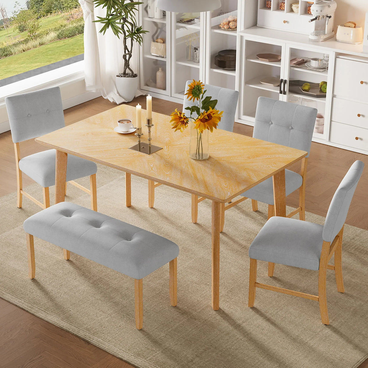 Rustic Farmhouse Dining Room Rectangular Table With 4 Upholstered Chairs And Bench - Furniture Home Direct