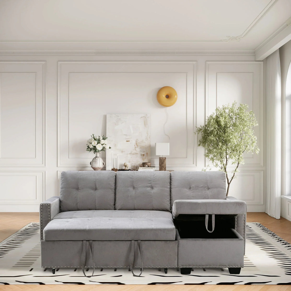 Reversible Sectional Storage Sleeper Sofa Bed, L-Shape 2 Seat Sectional Chaise With Storage, Skin-Feeling Velvet Fabric - Furniture Home Direct