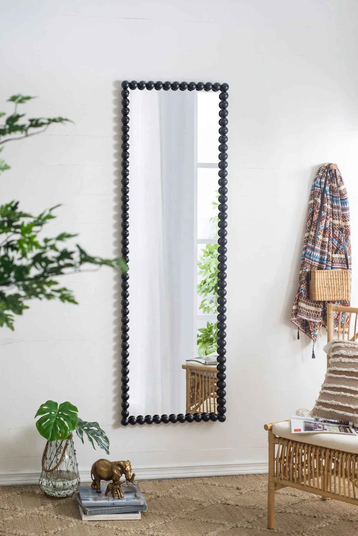 Full Length Mirror With Metal Beaded Frame, Rectangular Oversized Mirror For Living Room Bedroom - Black - Furniture Home Direct