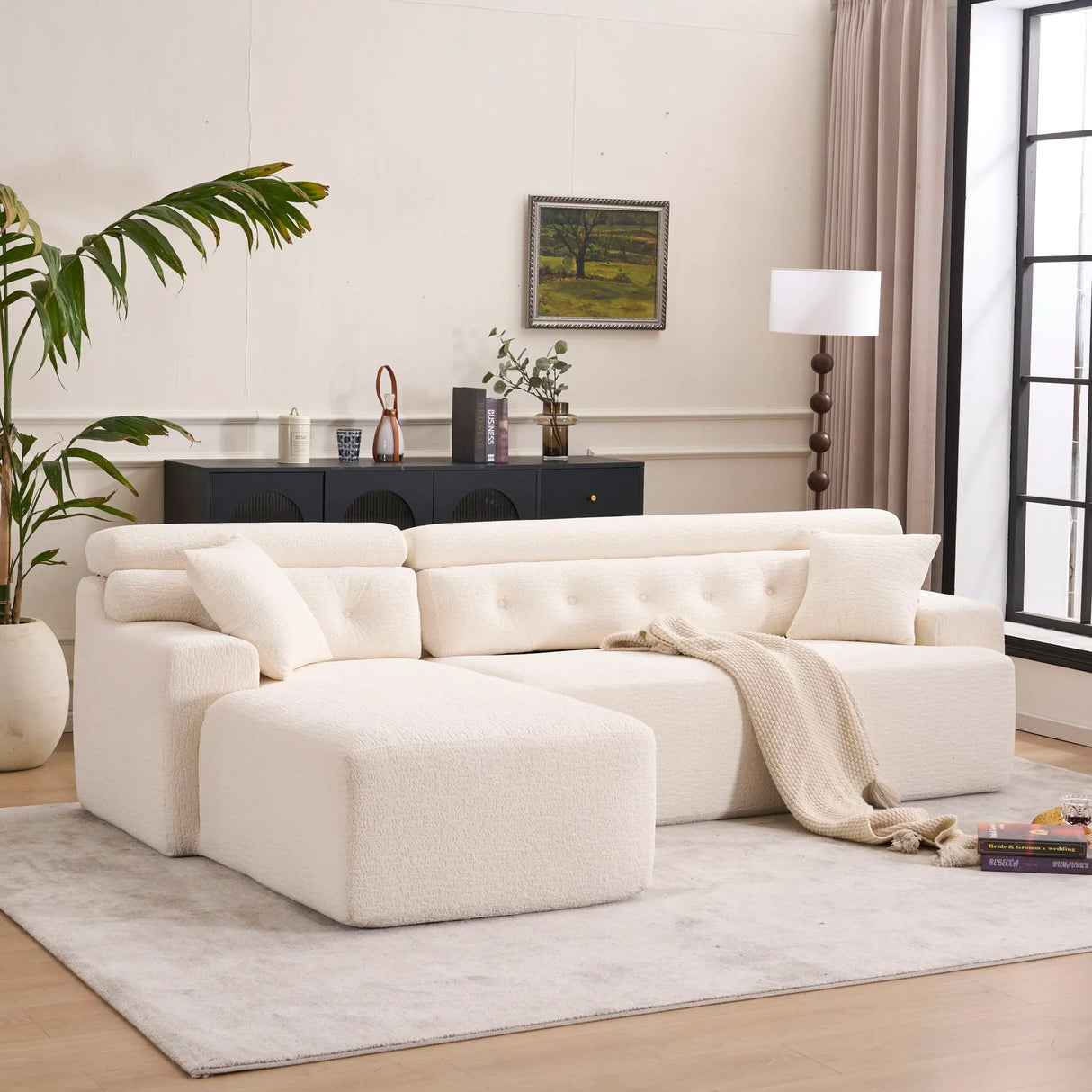 Ly 029B Convertible Chaise Sectional Sofa Full Compression Sponge Modular Couch Cloud 3 Seater Wood Grain Chenille 2 Pillows - Antique White - Furniture Home Direct
