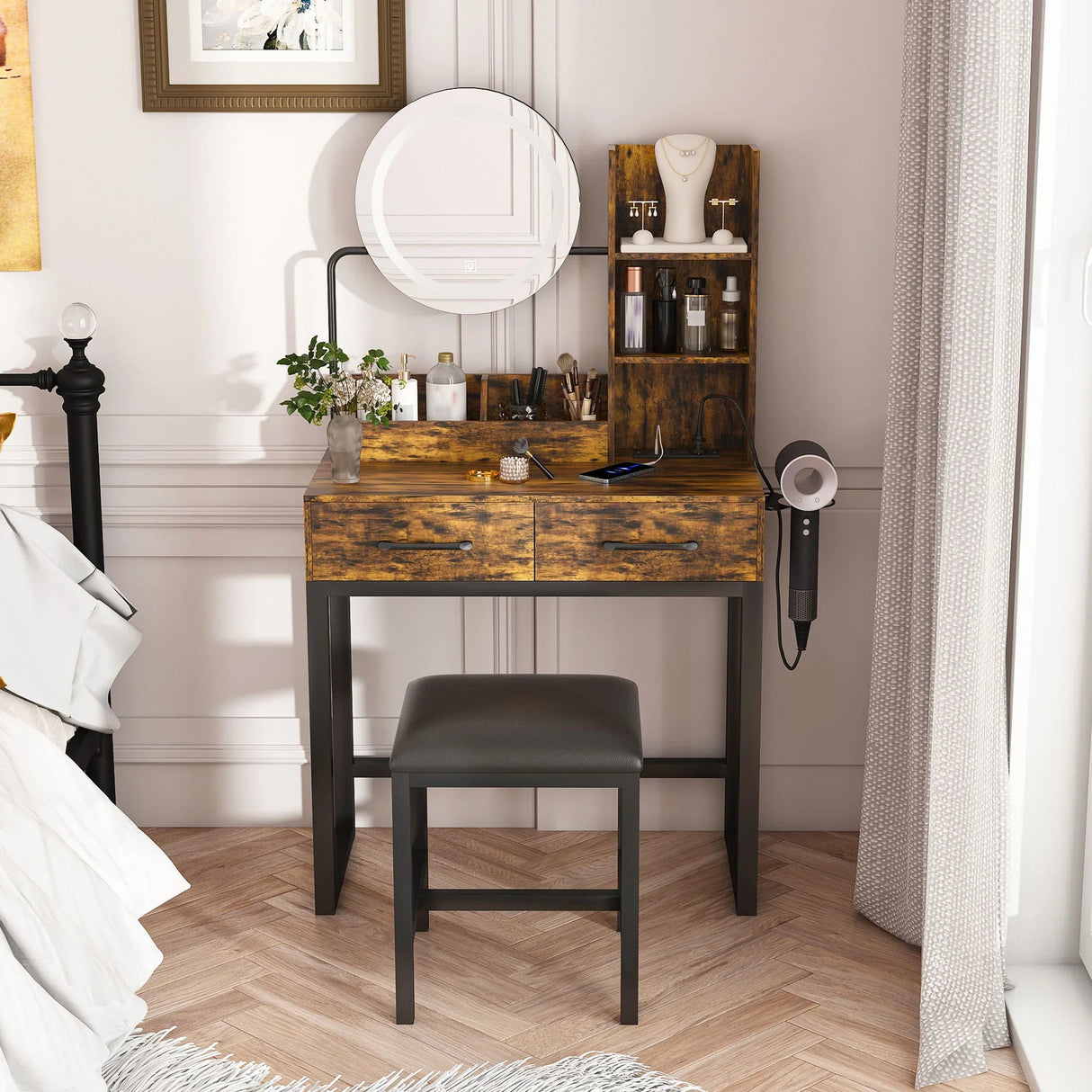 Makeup Vanity Table With LED Lights, 3 Color Options, Power Outlet - Furniture Home Direct
