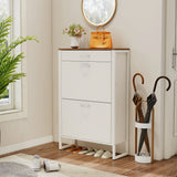 Slim Shoe Cabinet with 2 Flip Drawers - white and Walnut - Furniture Home Direct