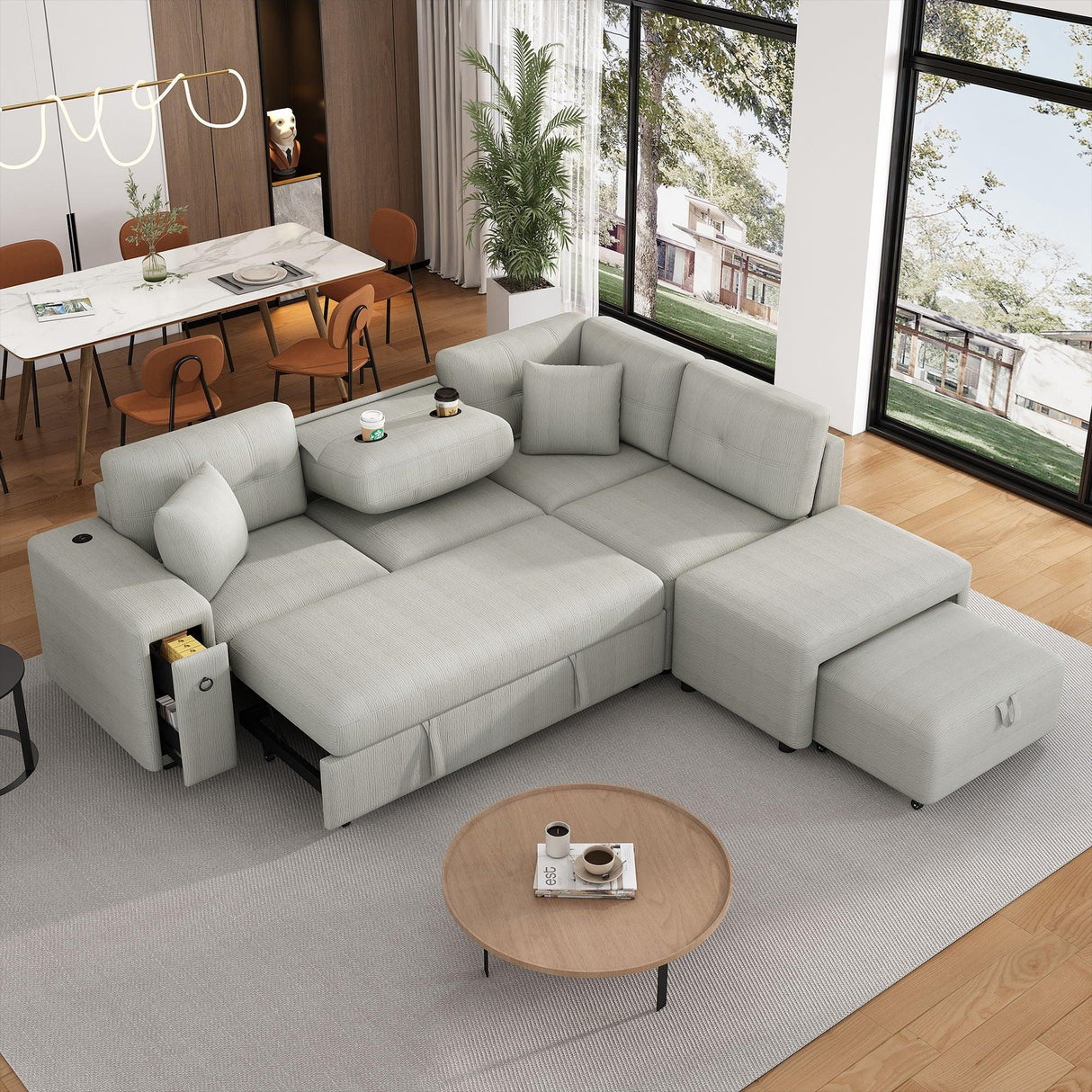 Sectional Sofa L-Shaped Sofa Couch Pull-Out Sofa Bed With A Movable Ottoman, Two USB Ports And Two Cup Holders For Living Room - Furniture Home Direct