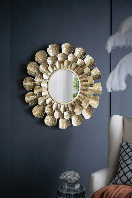 Round Metal Mirror With Trumpet Vine Motif - Gold - Furniture Home Direct