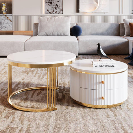 Nesting Coffee Tables With Drawers Round White And Gold - Furniture Home Direct