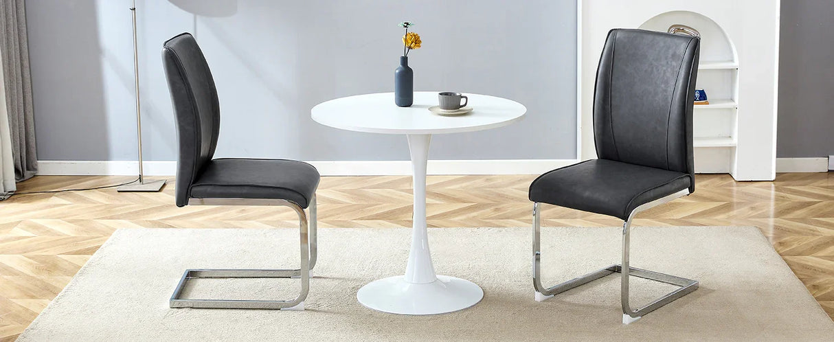 Dining Set Round Table With Black PU Leather Chairs White - Furniture Home Direct