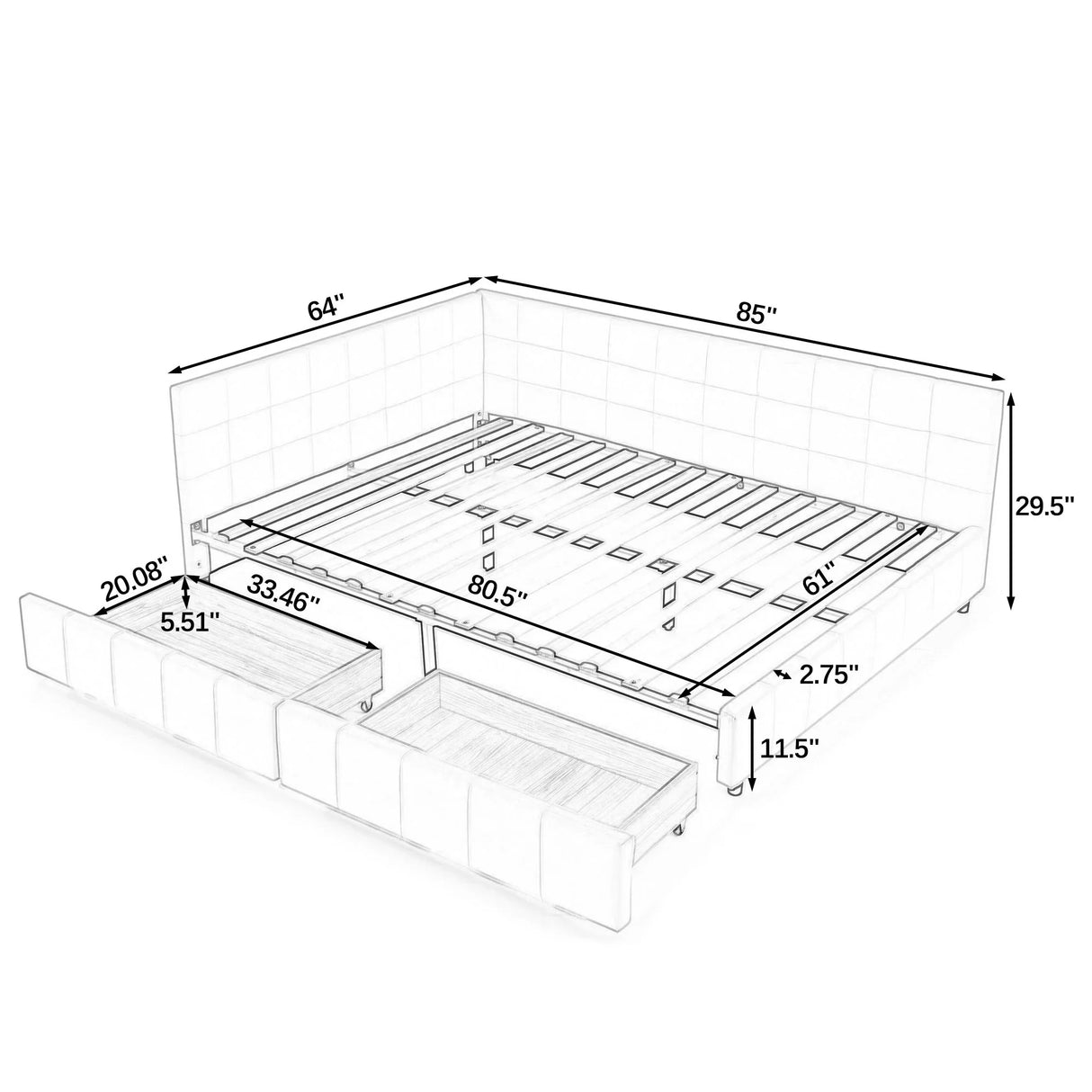 Mid-Century Storage Upholstered Tufted Bed Frame With Backrest And Armrests - Furniture Home Direct