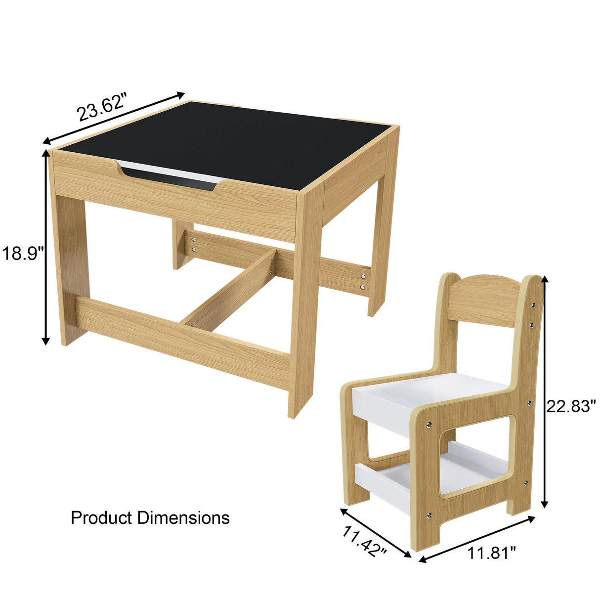 3 In 1 Kids Study Table & Chairs Set Multi Functional Activity Table With Detachable Blackboard Top - Natural Wood - Furniture Home Direct
