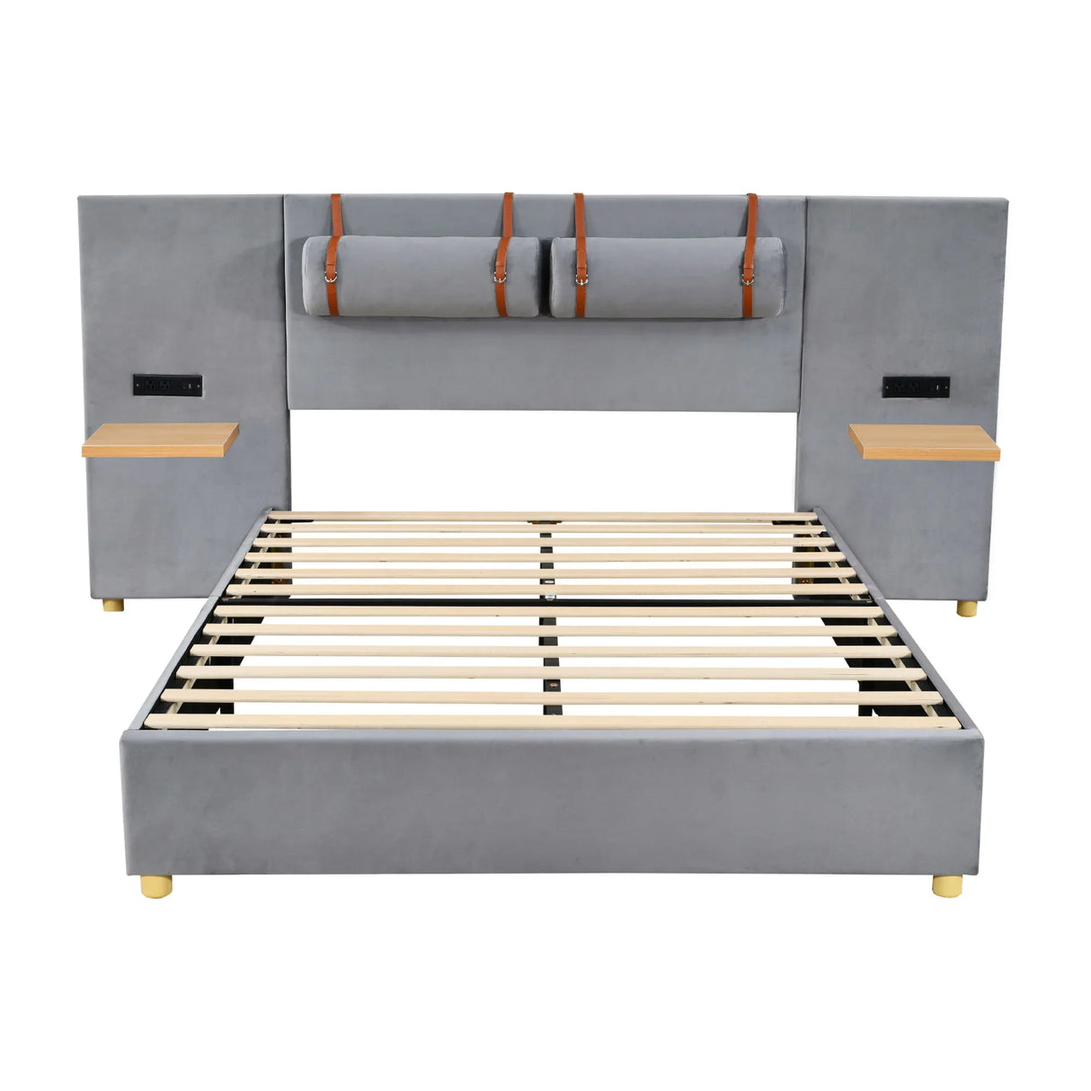 Upholstered Platform Bed, 2 Outlets And USB Charging Ports On Both Sides, 2 Bedside Pillows, Storage Shelves - Furniture Home Direct