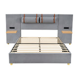 Upholstered Platform Bed, 2 Outlets And USB Charging Ports On Both Sides, 2 Bedside Pillows, Storage Shelves - Furniture Home Direct