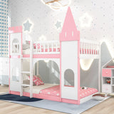 Twin Over Twin Castle Bunk Bed With Ladder - Pink - Furniture Home Direct