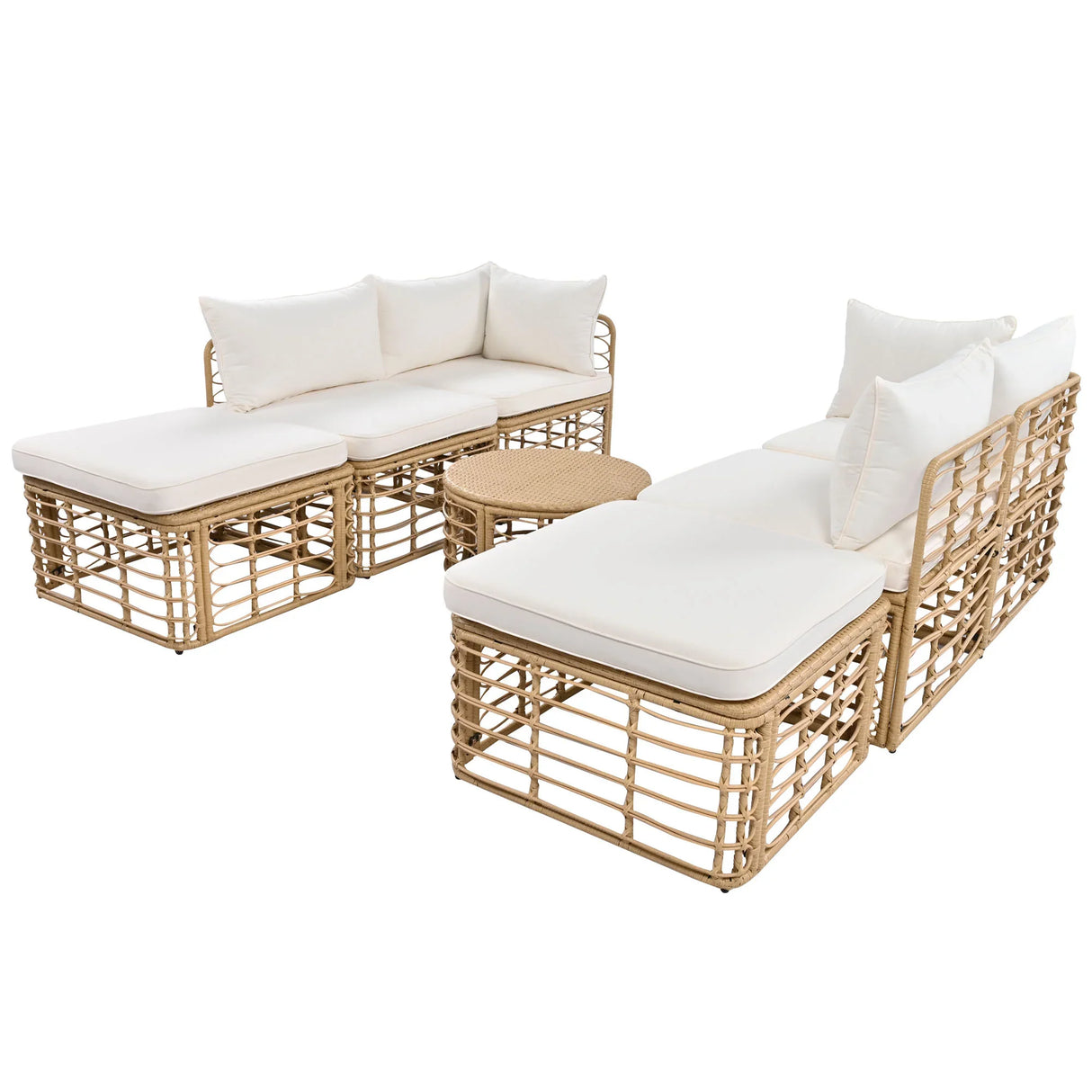 7 Piece Outdoor Patio All-Weather Rattan Sectional Sofa Set With Thick Cushions And Pillows - Beige - Furniture Home Direct