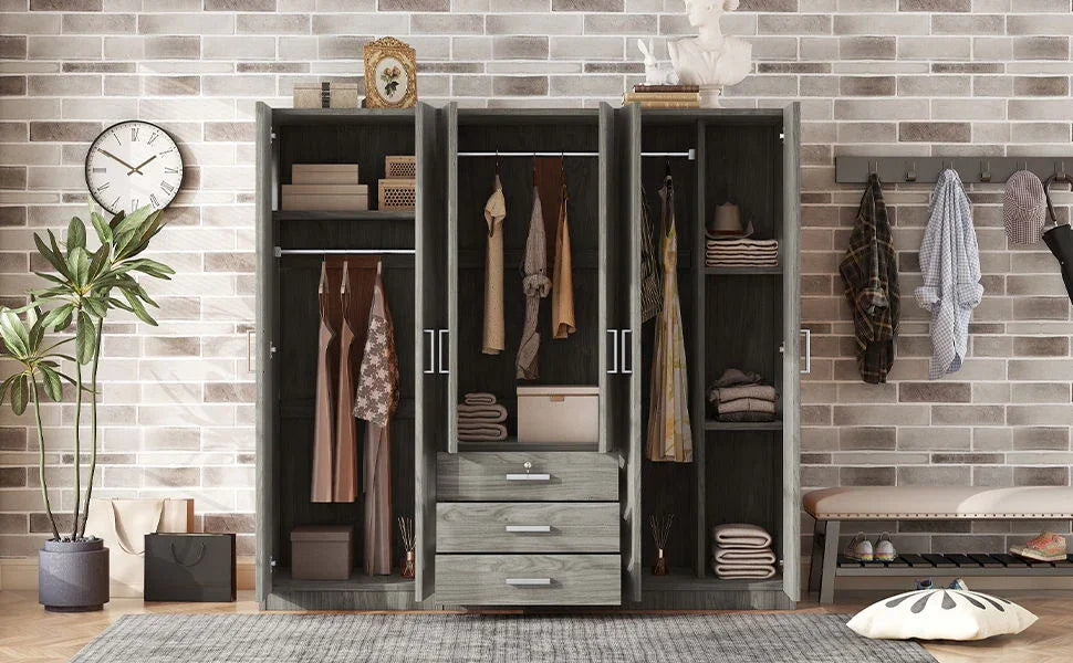 6 Doors Wardrobe Storage For Bedroom, With Big Drawers - Furniture Home Direct