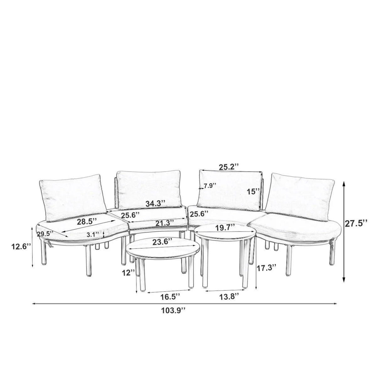 6 Piece Patio Set, Half Moon Outdoor Sectional Sofa With 2 High Low Coffee Tables, 4 Pillows & Cushions - Furniture Home Direct