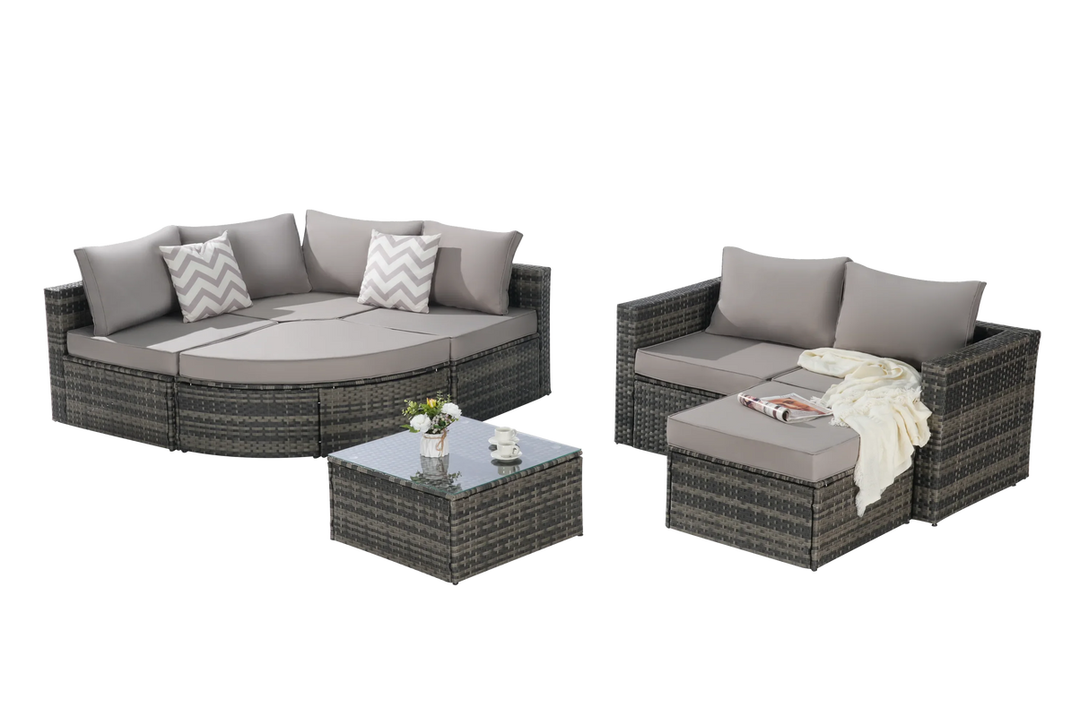 Wicker Outdoor Sectional Set with Curved Ottoman & Glass Top Table - Furniture Home Direct