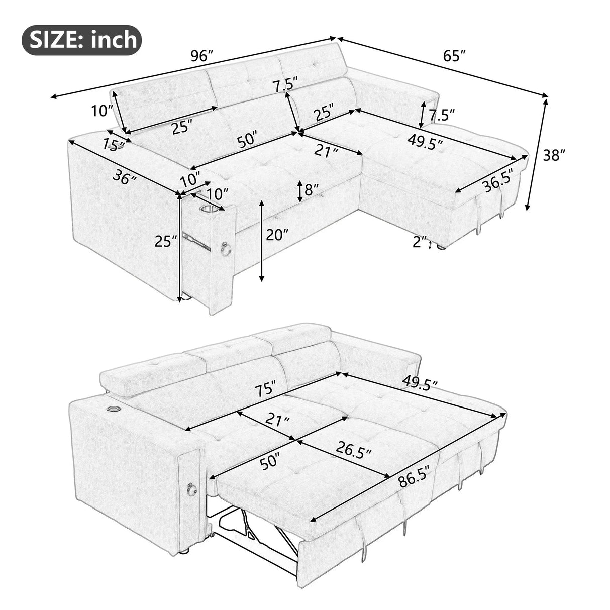 Multi-Functional Pull-Out Sofa Bed L-Shape Sectional Sofa With Adjustable Headrest, Wireless Charging, Cup Holders And Hidden Storage For Living Room - Furniture Home Direct