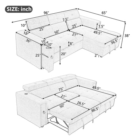 Multi-Functional Pull-Out Sofa Bed L-Shape Sectional Sofa With Adjustable Headrest, Wireless Charging, Cup Holders And Hidden Storage For Living Room - Furniture Home Direct