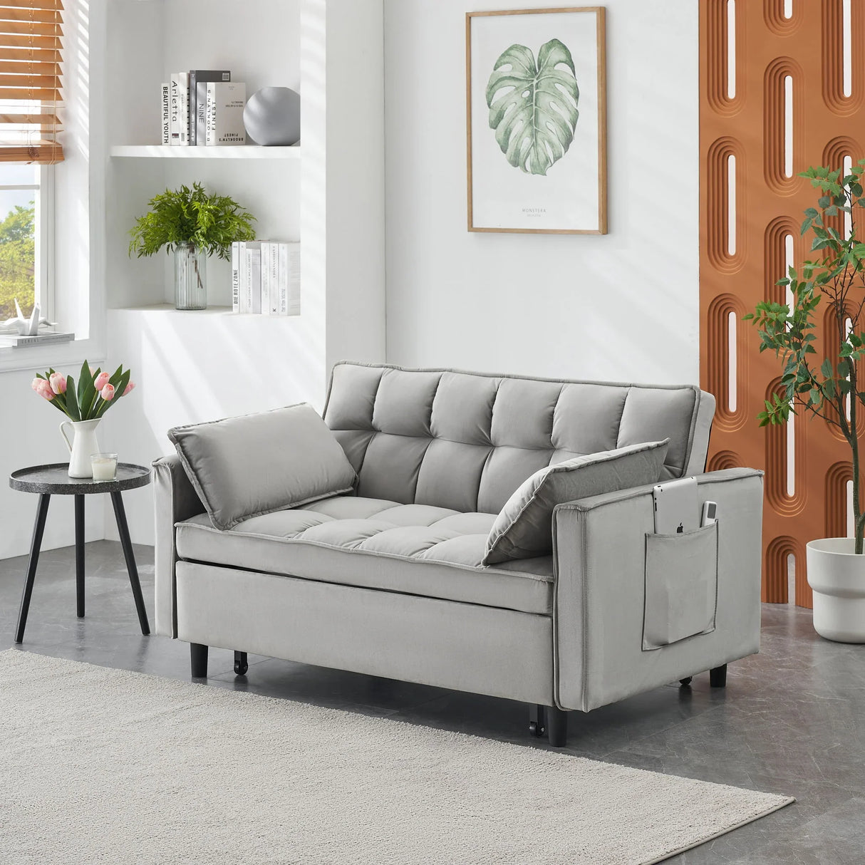 Modern Velvet Sofa, Sofa Pull-Out Bed, Small Love Seat Casual Sofa With Back, With Pillow, Pockets, Living Room Furniture, 3 In 1 Convertible Sleep Sofa Bed - Furniture Home Direct
