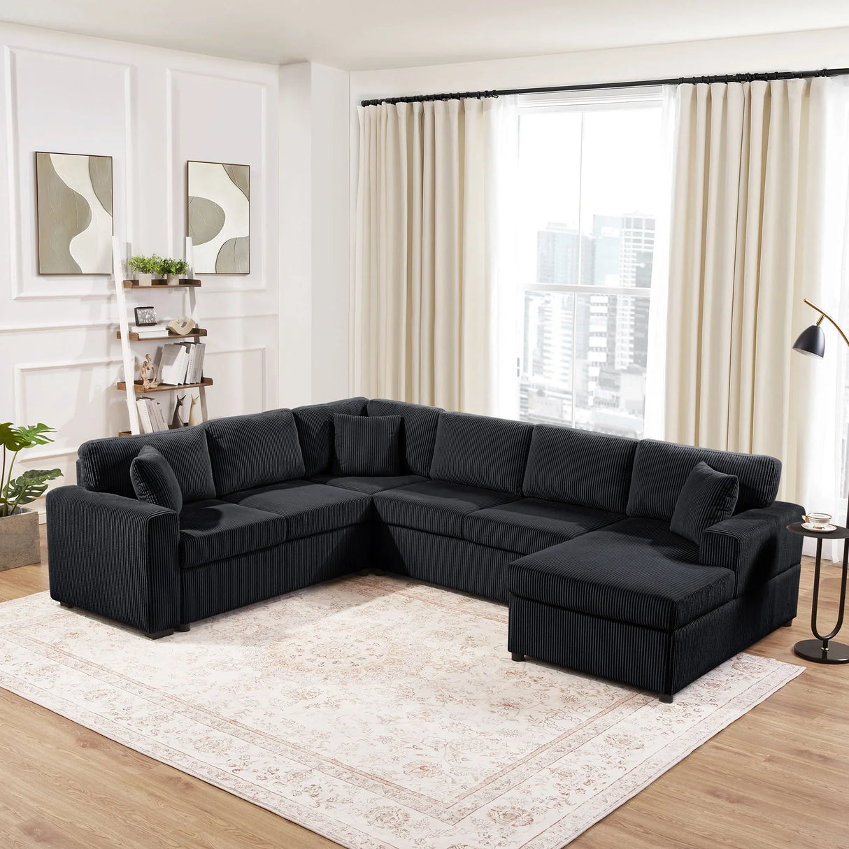 Oversized Sectional U-Shaped Sofa With Chaise Lounge And Three Soft Throw Pillows - Furniture Home Direct