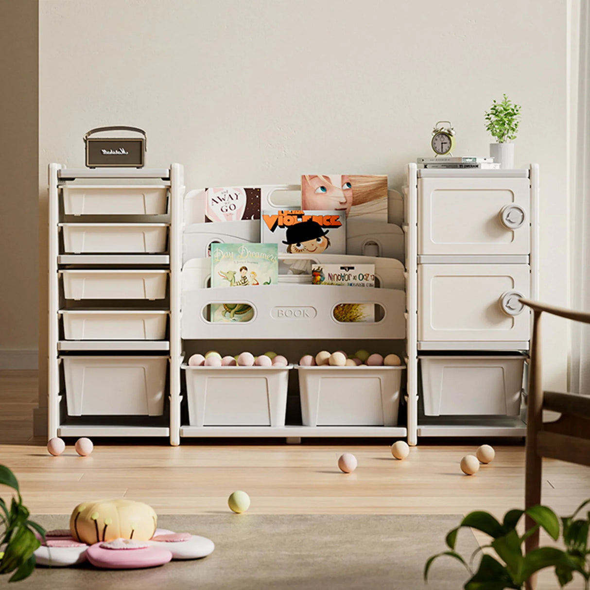 Kids Toy Storage Organizer With 8 Removable Toy Bins, 4 Tier Bookshelf, And 2 Cabinet Storage - Gray / Ivory - Furniture Home Direct