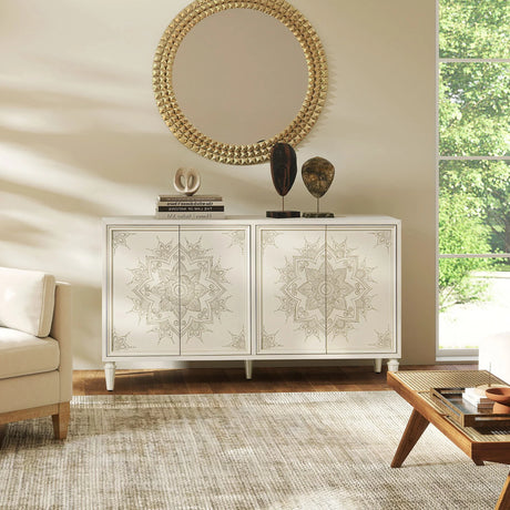 Mahal - Hand Painted Mandala Lacquered Sideboard - Ivory Off-White - Furniture Home Direct