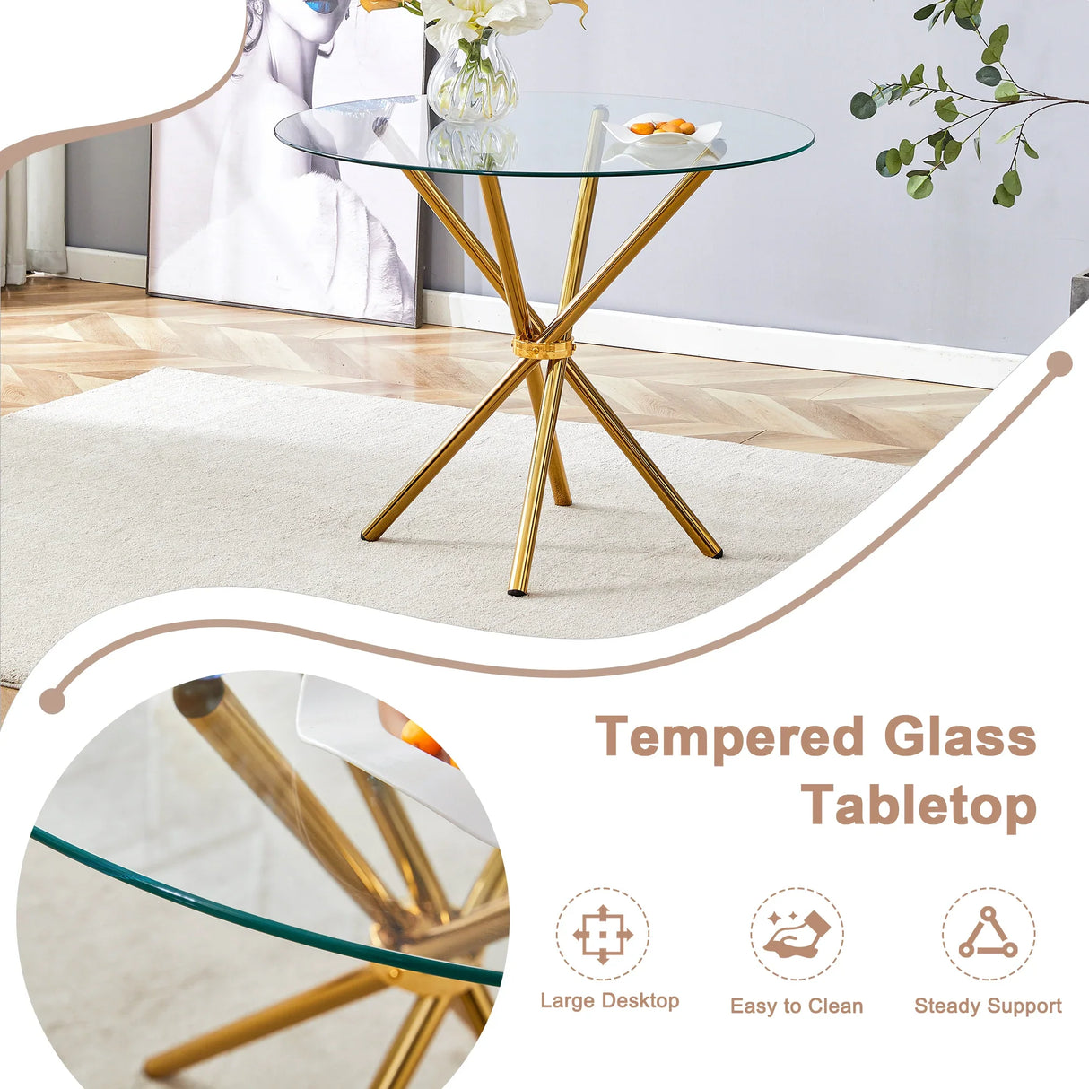 Dining Table Round Glass Top With Gleaming Golden Base Gold - Furniture Home Direct
