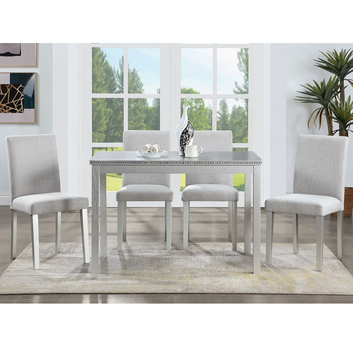 Dining Table Set With Crystal Decoration And Upholstered Chairs - Furniture Home Direct
