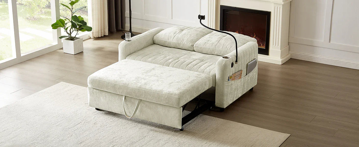 Sleeper Sofa With Adjustable Backrest, Two Cup Holders, Phone Holder, Three Charging Ports And Side Storage Pockets- Beige - Furniture Home Direct