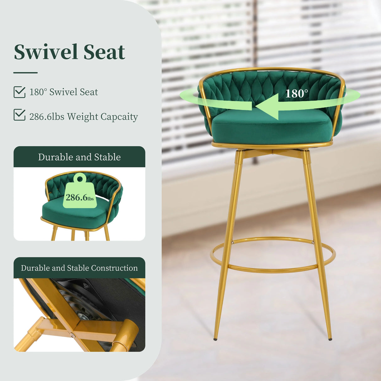 Counter Height Stools Tufted Velvet Gold Frame Green - Furniture Home Direct