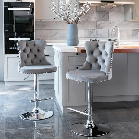 Counter Height Bar Stools Velvet Tufted Back Chrome Gray - Furniture Home Direct