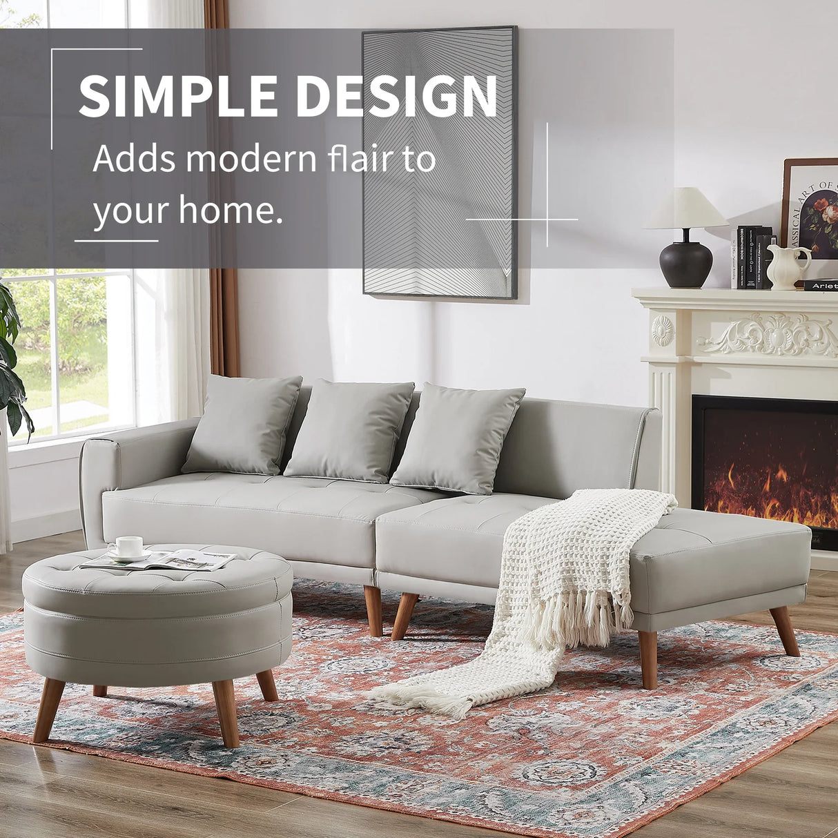 107 Inch Contemporary Sofa With Round Storage Ottoman Grey - Furniture Home Direct
