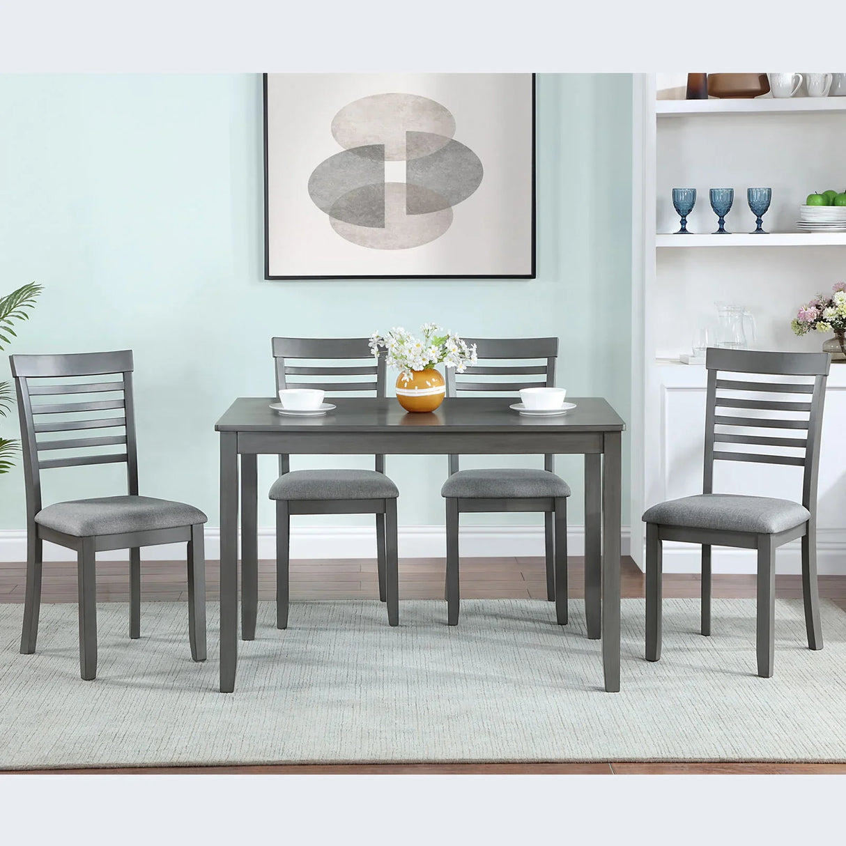 5 Pieces Modern Dining Set, Rectangular Wooden Dining Table With 4 Upholstered Chairs - Furniture Home Direct