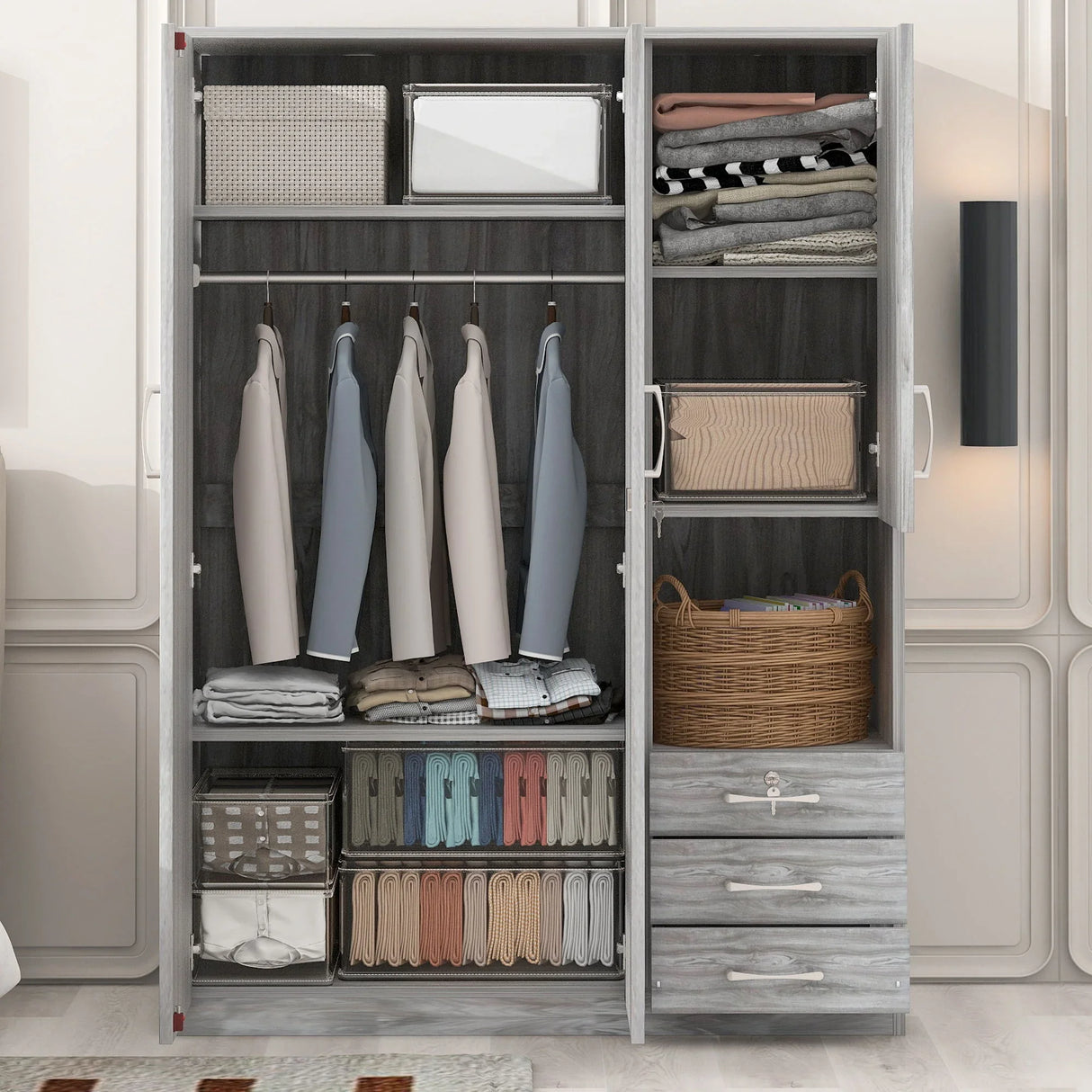 2 Doors Wardrobe Storage For Bedroom With Shelves And 3 Drawers - Furniture Home Direct