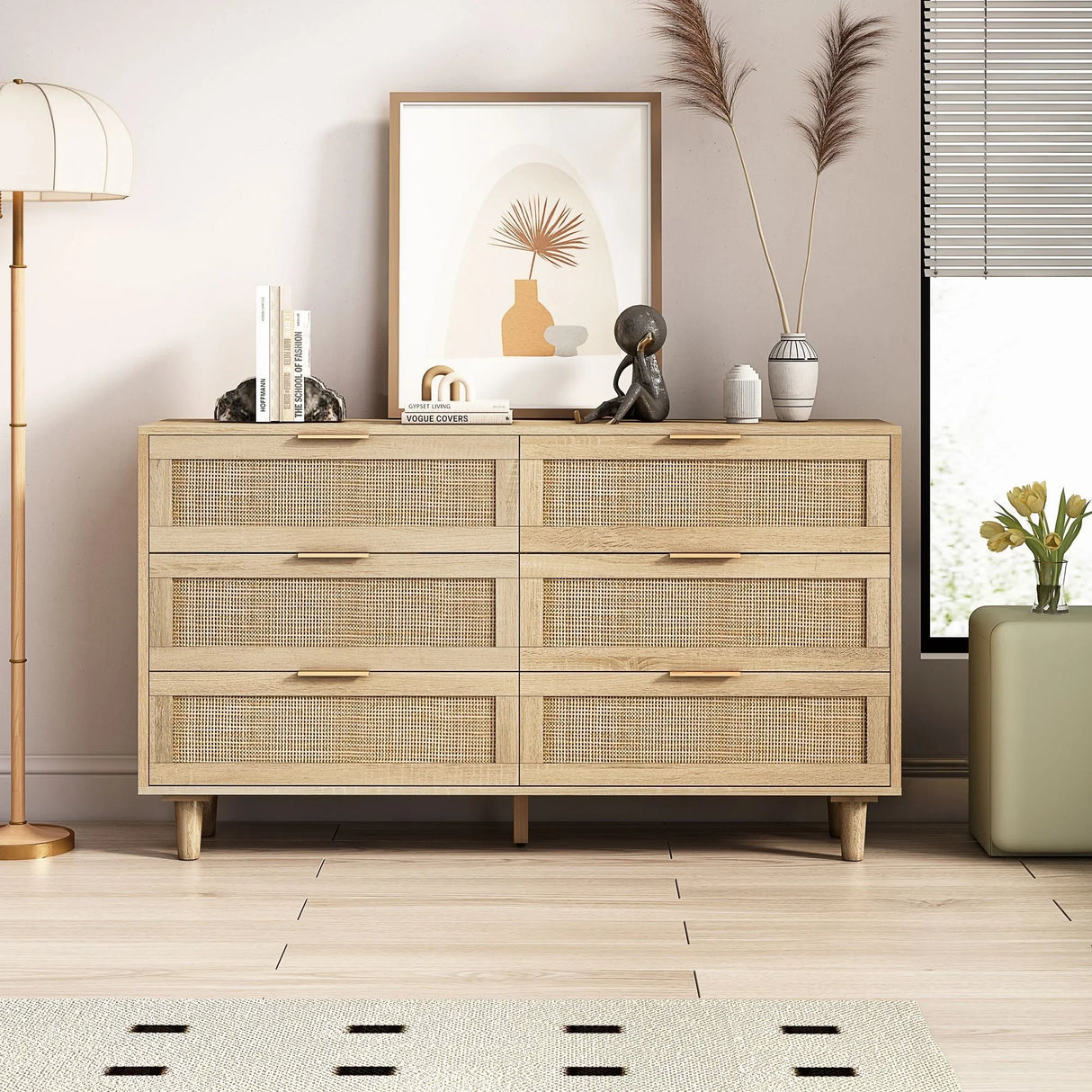 Rattan Storage Cabinet With 6 Drawers For Bedroom And Living Room - Natural - Furniture Home Direct