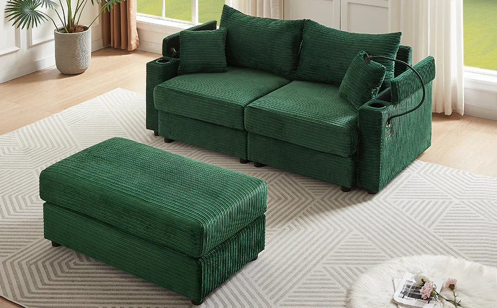 Sofa and Ottoman With Storage, Two USB Ports, Two Cup Holders and Phone Holder - Green - Furniture Home Direct
