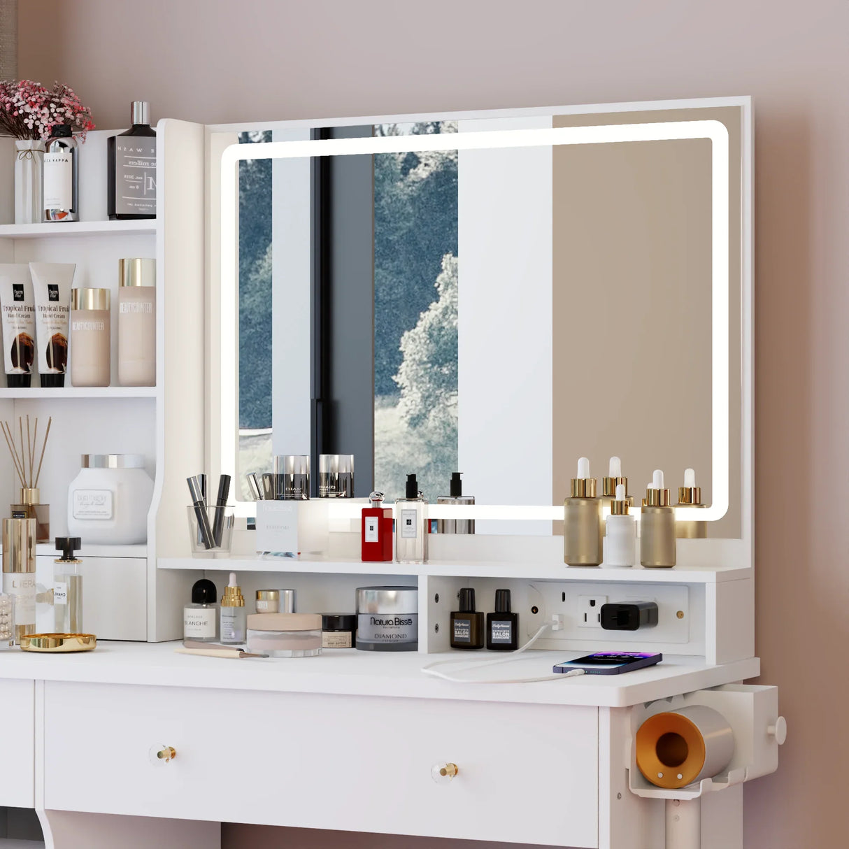 Vanity Desk Set With Cushioned Stool And Large Mirror White - Furniture Home Direct