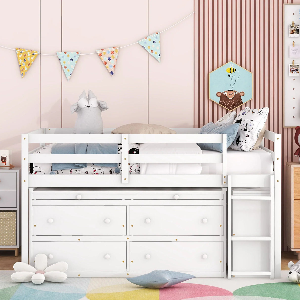 Loft Bed With Retractable Writing Desk And 4 Drawers, With Lateral Portable Desk And Shelves - Furniture Home Direct