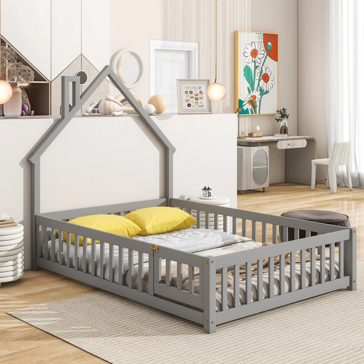 House-Shaped Headboard Floor Bed With Fence - Furniture Home Direct