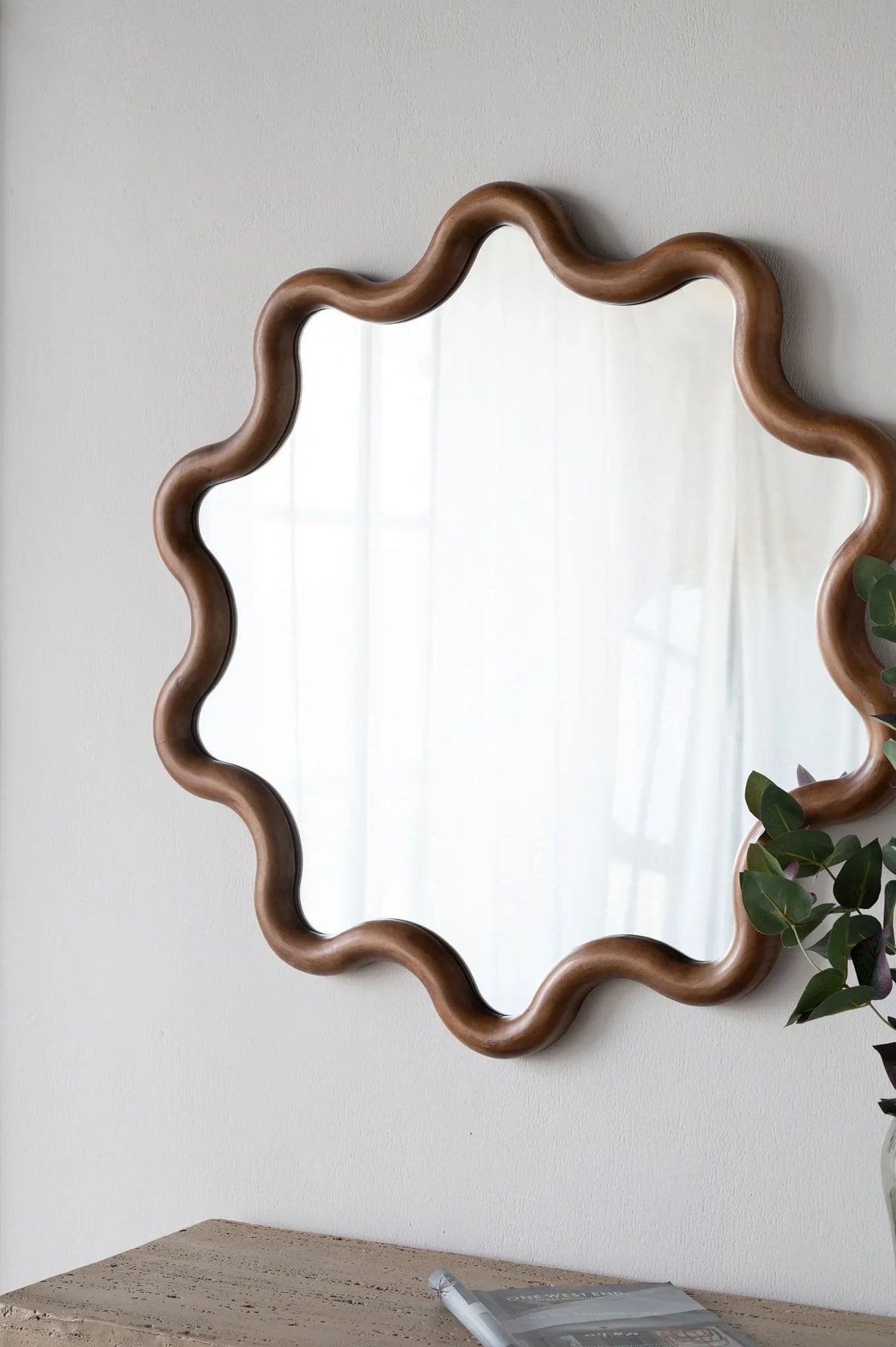 Wooden Accent Mirror With Unique Frame, Wall Mirror For Living Room Bedroom Entryway - Brown - Furniture Home Direct